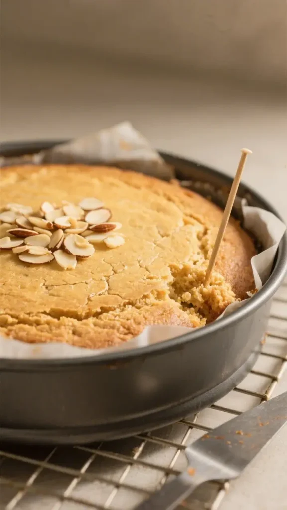 Freshly baked almond cake in a springform pan topped with sliced almonds, tested with a toothpick for doneness.