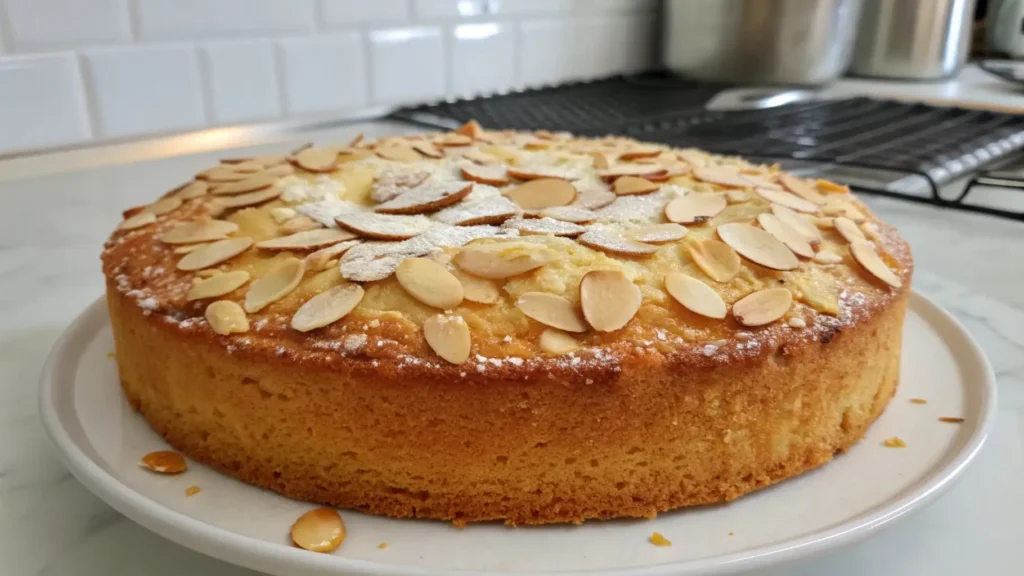 Soft and fluffy almond cake topped with sliced almonds and powdered sugar on a white plate in a bright kitchen.