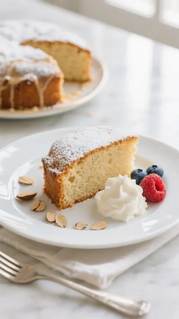 Slice of homemade almond cake dusted with powdered sugar served with whipped cream, raspberries, and blueberries on a white plate.