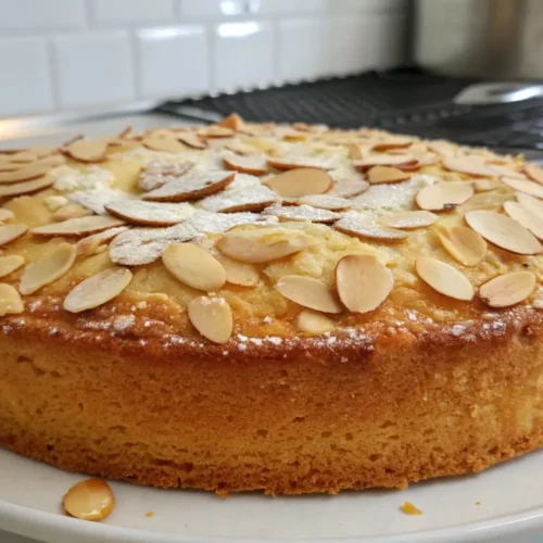 Soft and fluffy almond cake topped with sliced almonds and powdered sugar on a white plate in a bright kitchen.