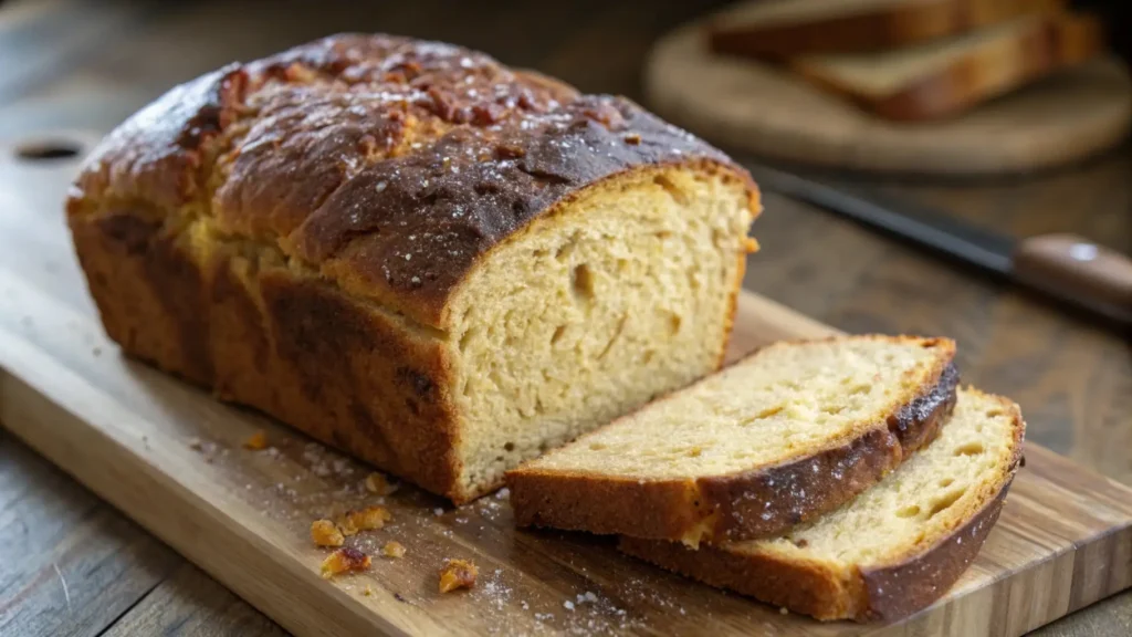 Freshly baked Anadama bread loaf on a wooden cutting board with two sliced pieces showing a soft golden crumb and dark crust.