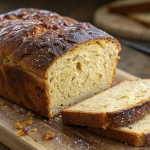 Freshly baked Anadama bread loaf on a wooden cutting board with two sliced pieces showing a soft golden crumb and dark crust.
