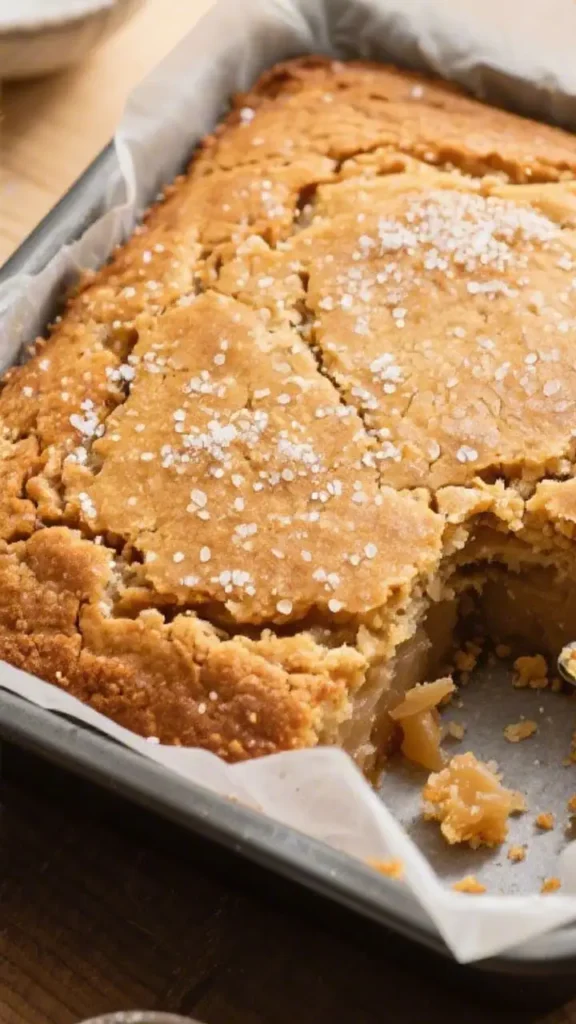 Square pan of golden baked applesauce snack cake with moist crumb, visible tender interior from a bite taken out, topped generously with coarse sea salt flakes, set on parchment paper in a baking tray against a wooden surface.
