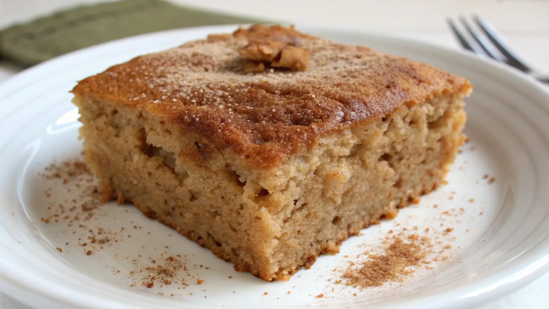 Moist applesauce snack cake slice on a white plate dusted with cinnamon and topped with a walnut.