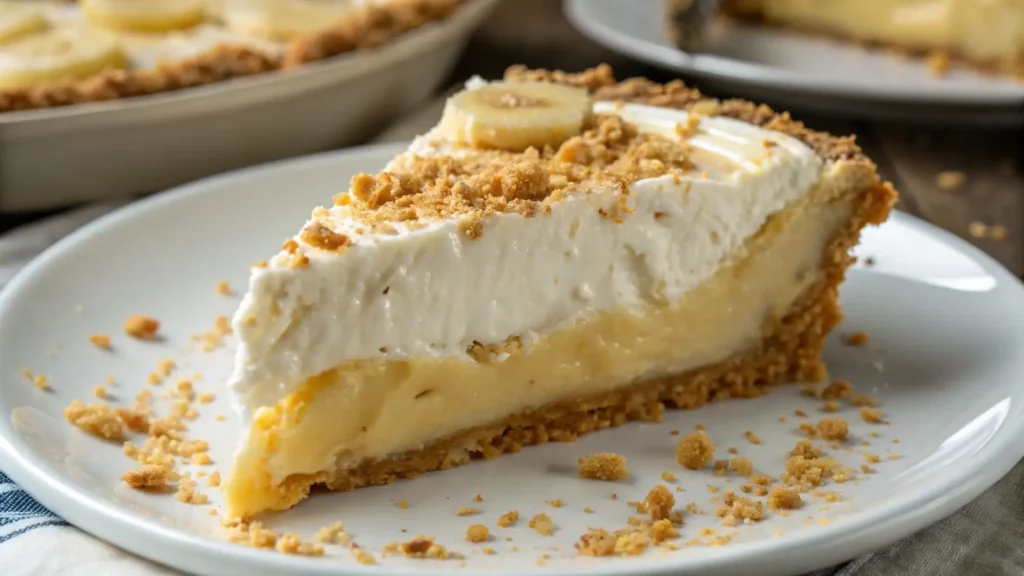 Slice of banana pudding pie with creamy vanilla filling, whipped topping, graham cracker crust, and banana slices on a white plate.