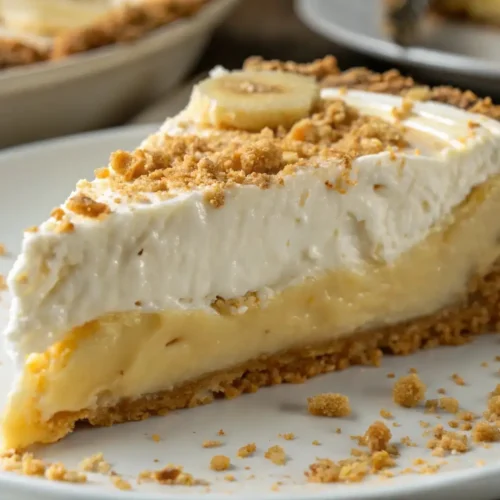 Slice of banana pudding pie with creamy vanilla filling, whipped topping, graham cracker crust, and banana slices on a white plate.