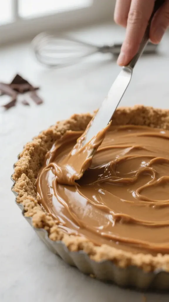 Spreading smooth caramel toffee filling into a crumb crust tart shell while preparing banoffee pie.
