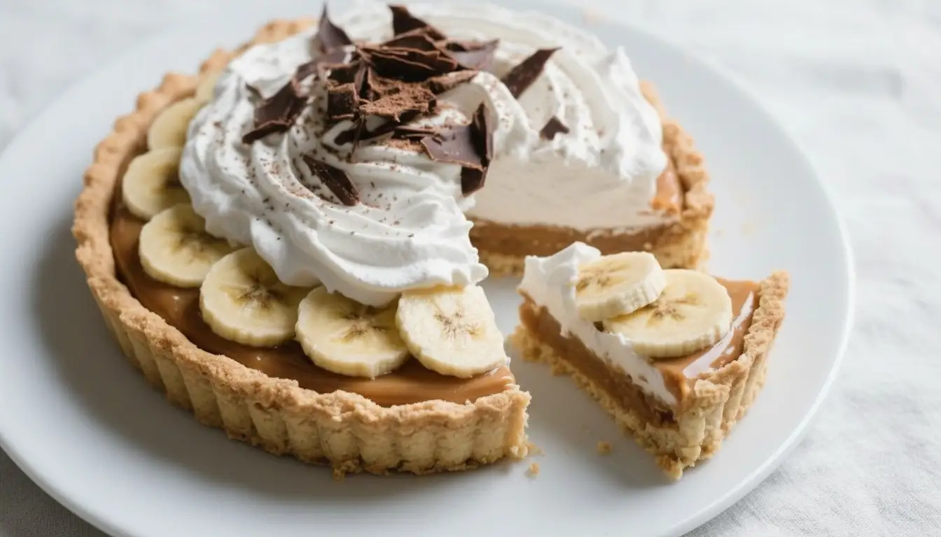 Slice of banoffee pie with banana slices, caramel toffee filling, and whipped cream topped with chocolate shavings in a buttery tart crust.