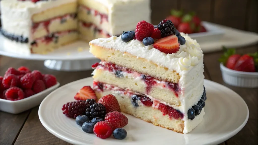 Slice of berry Chantilly cake with layers of vanilla sponge, whipped cream frosting, and fresh strawberries, blueberries, and raspberries on a white plate.