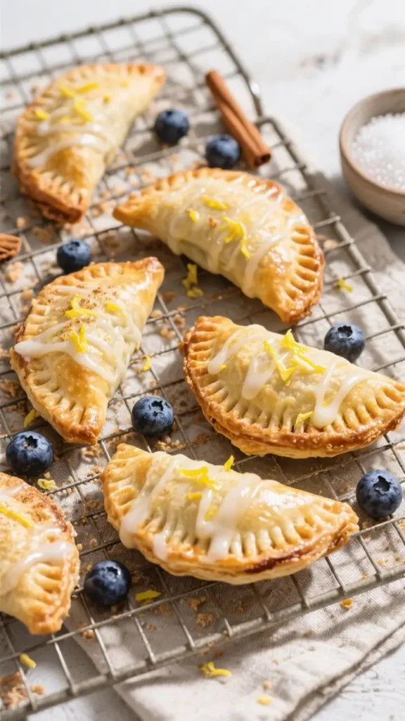 Golden baked blueberry hand pies with lemon glaze cooling on a rack with fresh blueberries