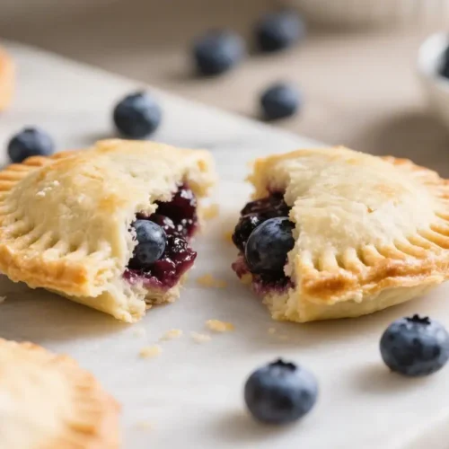 Flaky homemade blueberry hand pies with juicy blueberry filling on a marble board with fresh blueberries