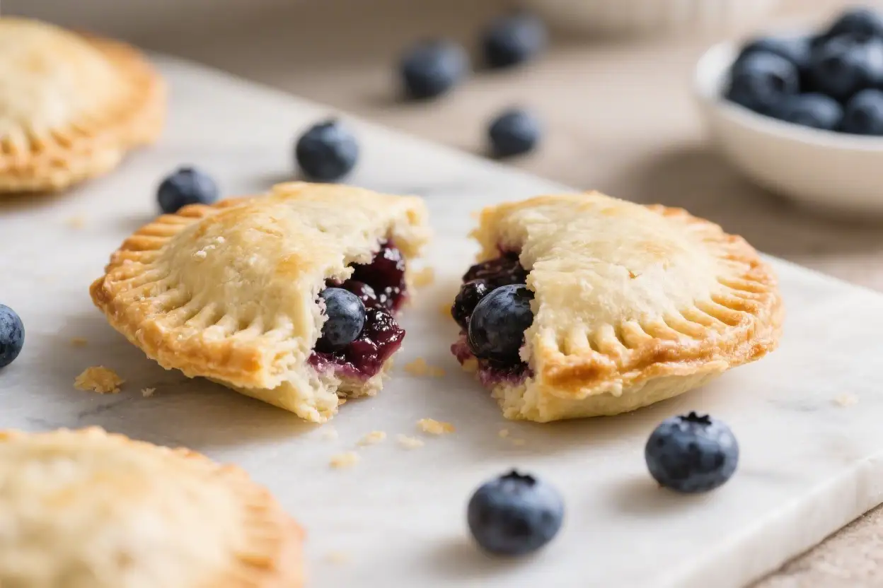 Flaky homemade blueberry hand pies with juicy blueberry filling on a marble board with fresh blueberries