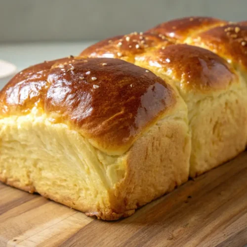Soft brioche sandwich loaves with glossy golden crust on a wooden board