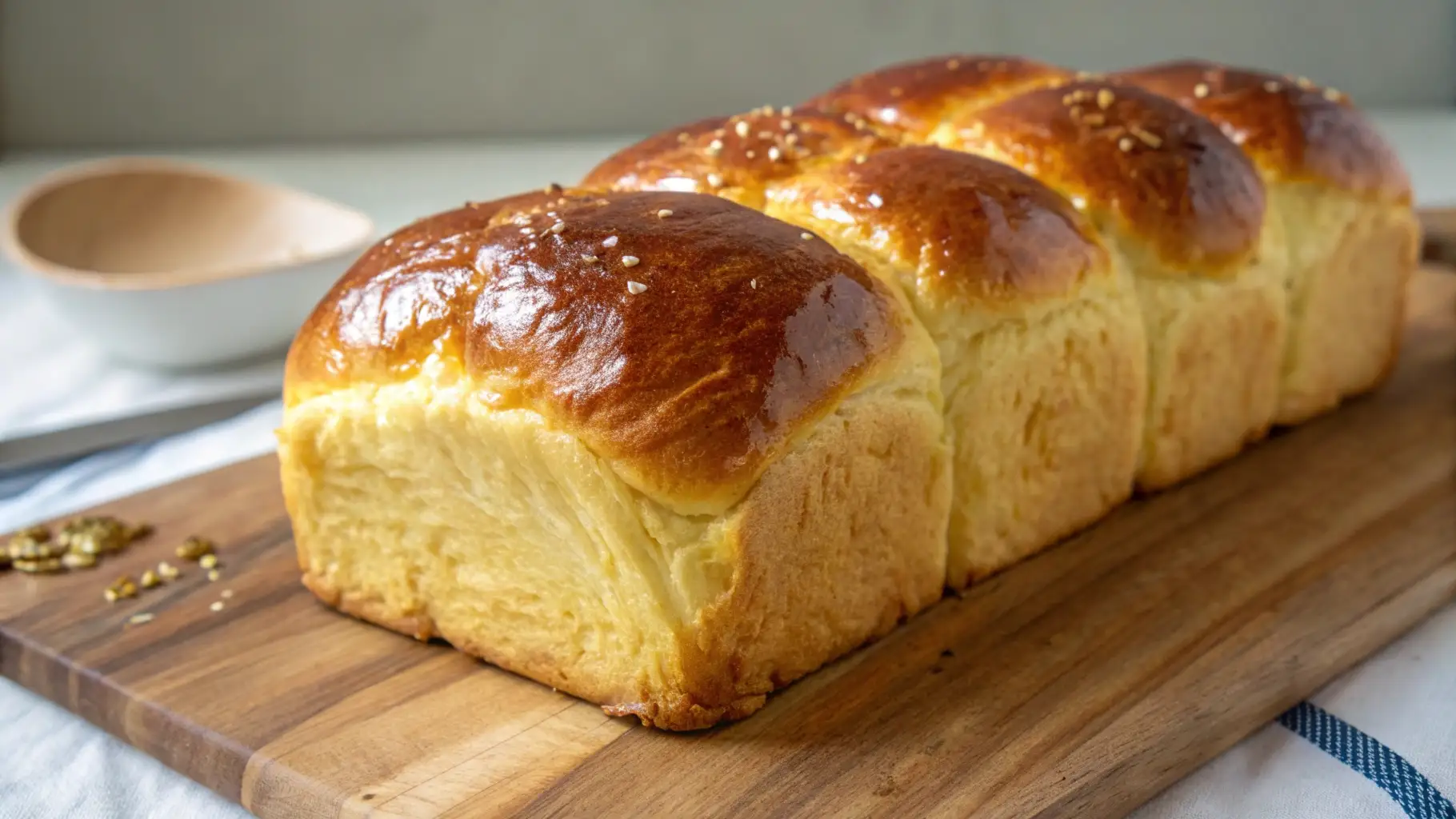 Soft brioche sandwich loaves with glossy golden crust on a wooden board