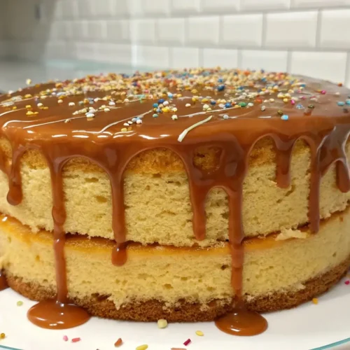 Moist Caramel Cake Recipe with Homemade Caramel Frosting - A Cozy, Crowd-Pleasing Classic 2 Soft vanilla sponge caramel cake with glossy caramel drip and colorful sprinkles on top