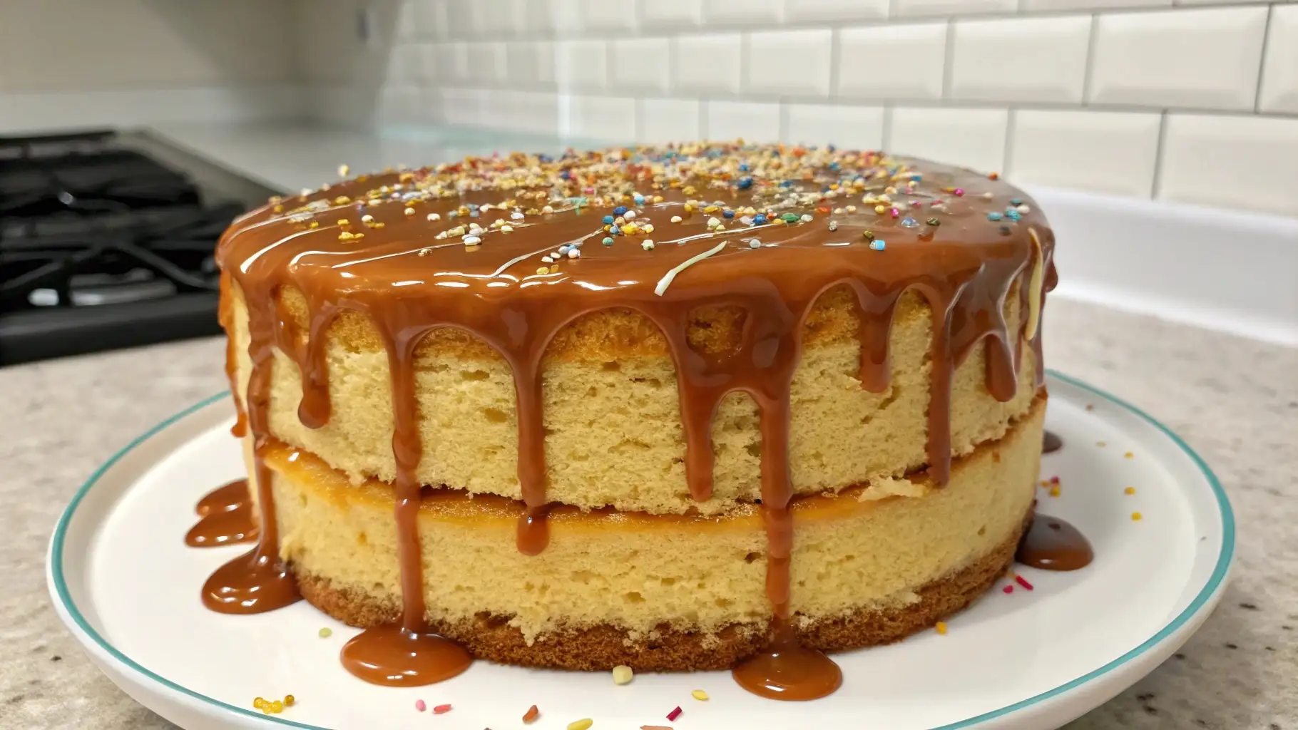 Moist Caramel Cake Recipe with Homemade Caramel Frosting - A Cozy, Crowd-Pleasing Classic 1 Soft vanilla sponge caramel cake with glossy caramel drip and colorful sprinkles on top