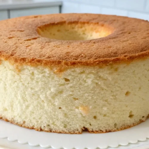 Light and fluffy vanilla chiffon cake baked in a tube pan with a golden brown top and soft airy texture on a white serving plate