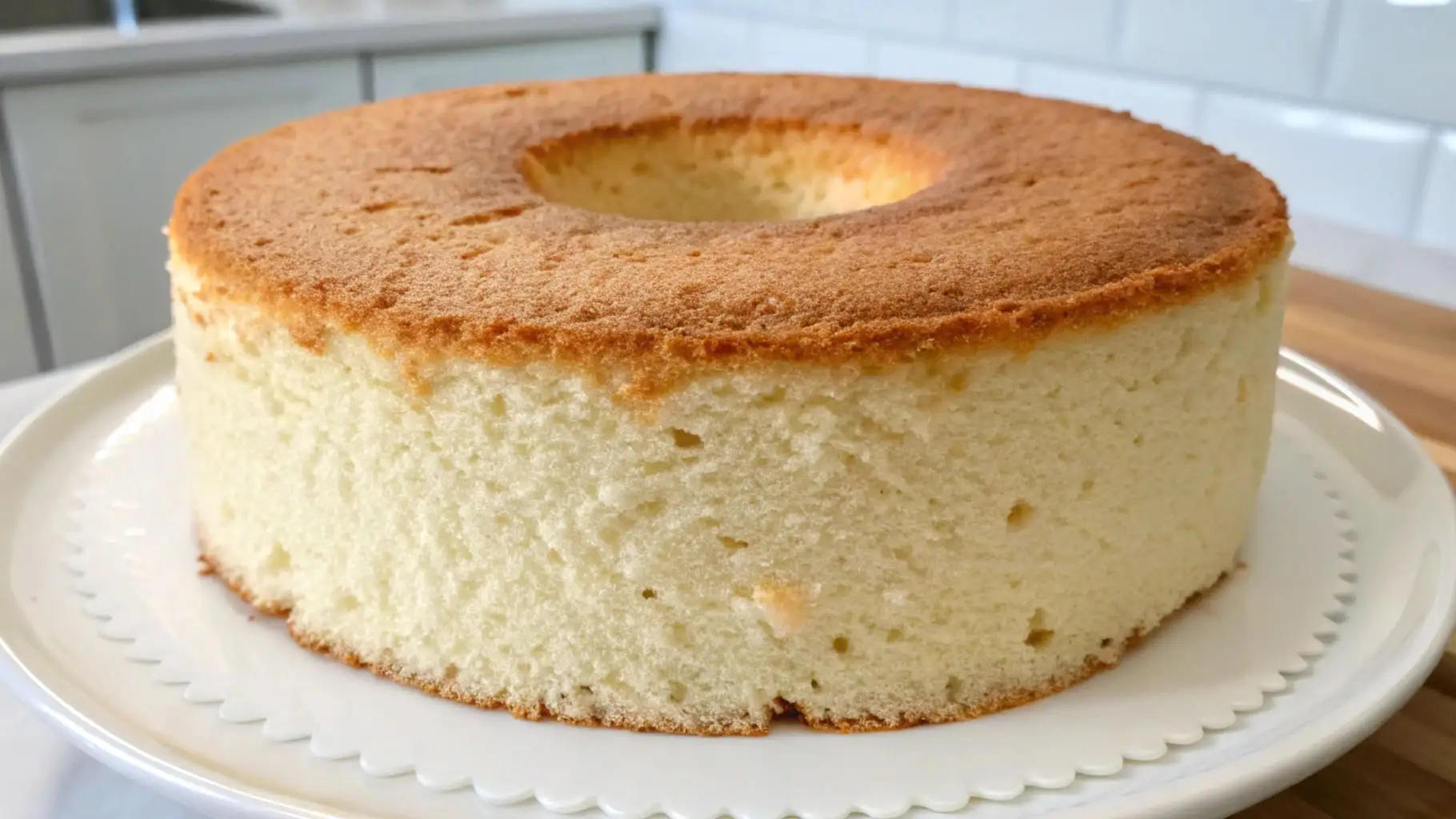 Light and fluffy vanilla chiffon cake baked in a tube pan with a golden brown top and soft airy texture on a white serving plate