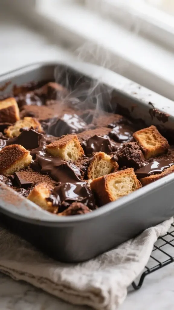A close-up view of steaming, fresh-out-of-the-oven chocolate bread pudding in a dark gray rectangular baking dish. Large chunks of light-colored, slightly toasted bread are nestled in a dark, gooey chocolate pudding mixture and generously drizzled with melted dark chocolate that's still glistening. Visible wisps of steam rise from the centre. The dish sits on a wrinkled white cloth over a black wire cooling rack.