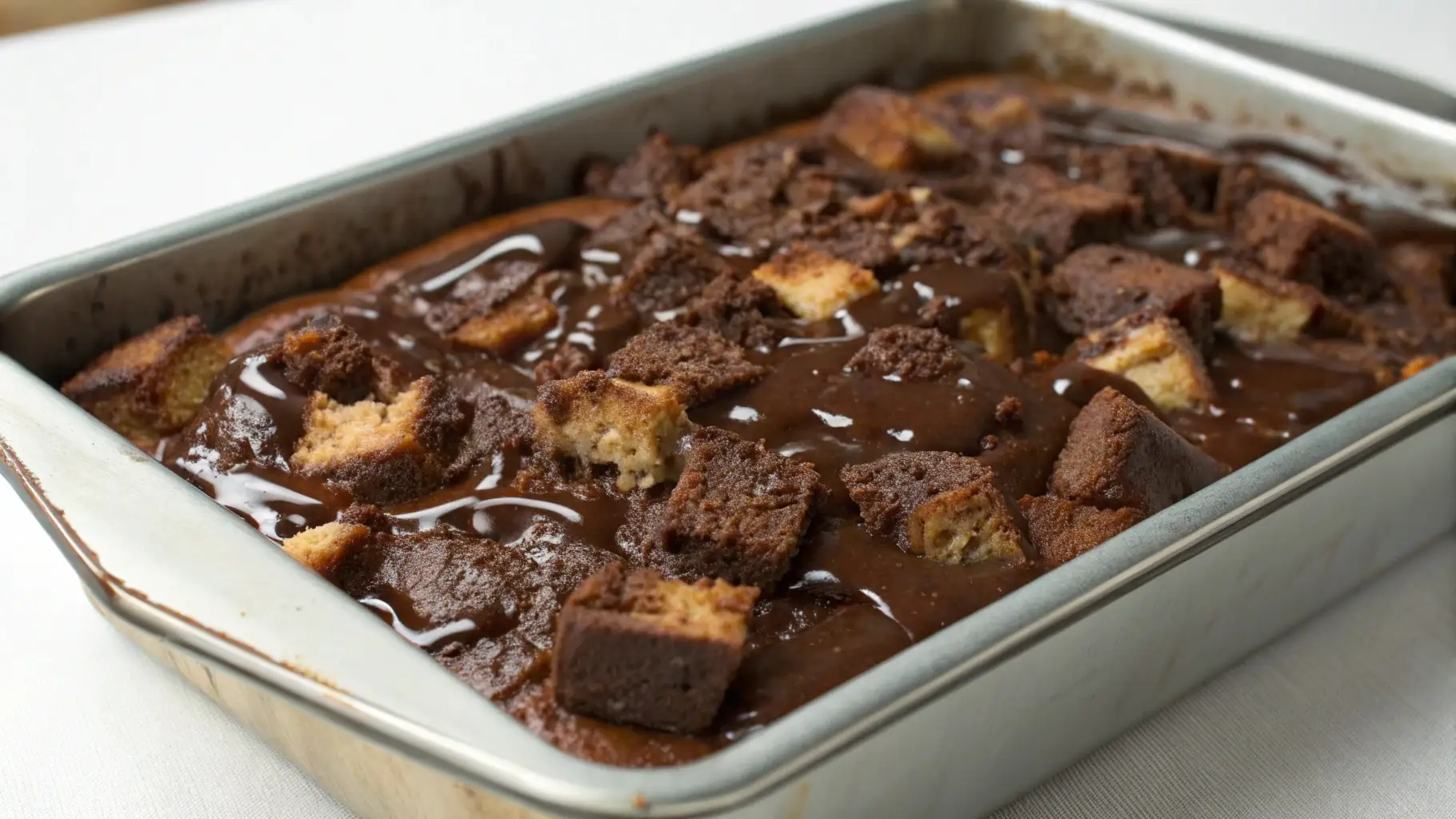 A rectangular metal baking pan filled with chocolate bread pudding, featuring toasted cubes of crusty bread soaked in a deep cocoa custard and topped with a glossy, melted chocolate ganache.