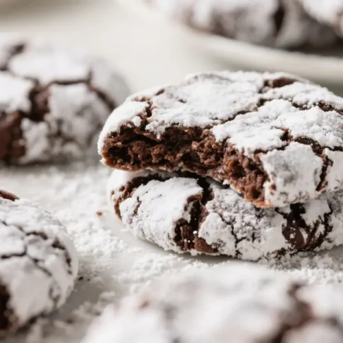 Best Chocolate Crinkle Cookies With Powdered Sugar - Soft, Fudgy, and Classic 2 Close up of fudgy chocolate crinkle cookies coated in powdered sugar with crackled tops and a soft brownie like center on a white surface.
