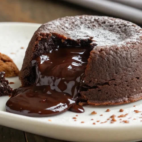 Chocolate Lava Cake Easy Molten Dessert Recipe - Rich, Warm, and Ready in Minutes 2 Chocolate lava cake with gooey molten center flowing onto plate and dusted with powdered sugar