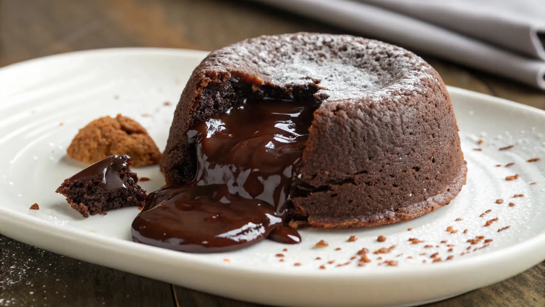 Chocolate Lava Cake Easy Molten Dessert Recipe - Rich, Warm, and Ready in Minutes 1 Chocolate lava cake with gooey molten center flowing onto plate and dusted with powdered sugar