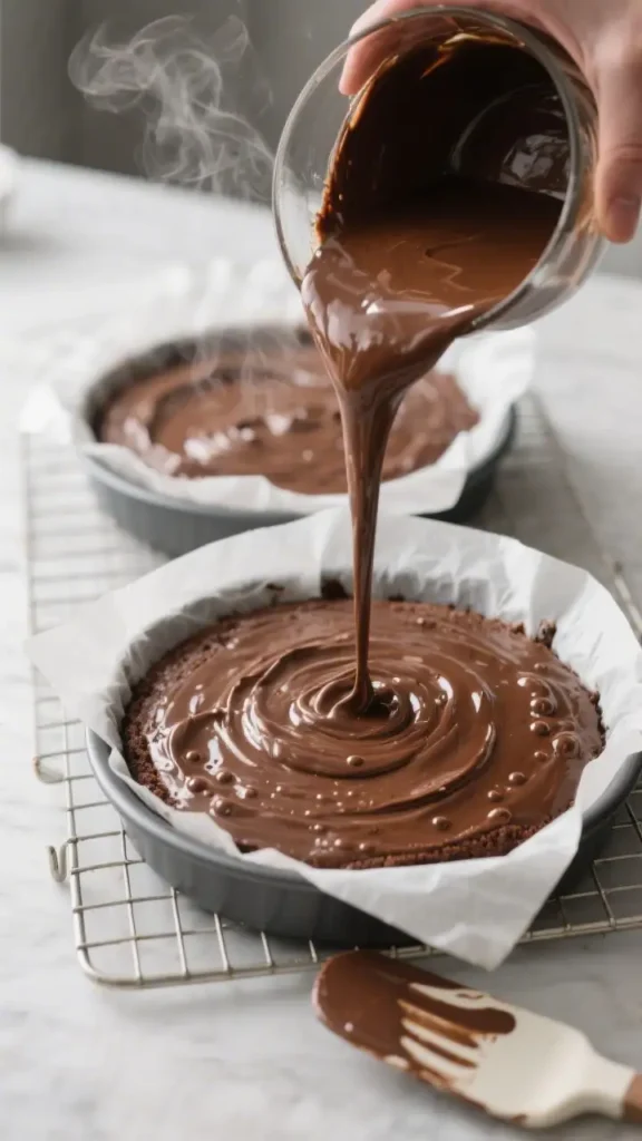 Warm melted chocolate being poured over baked chocolate cake layers in lined pans on a cooling rack