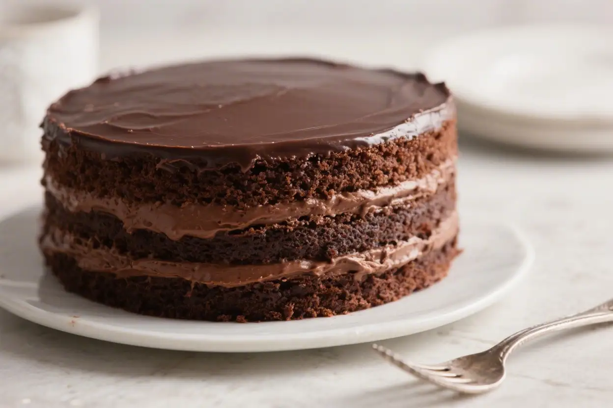 Chocolate layer cake with rich frosting and glossy ganache topping