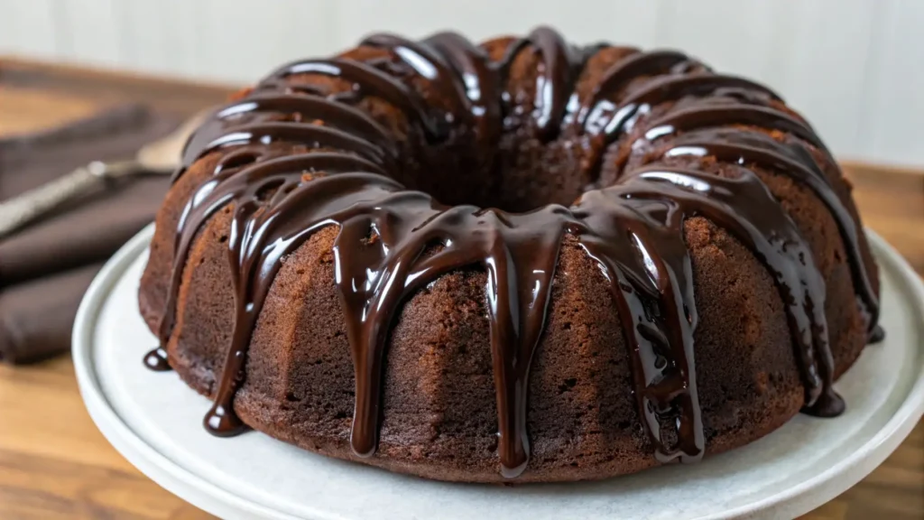 Moist chocolate sour cream Bundt cake with glossy chocolate glaze on top