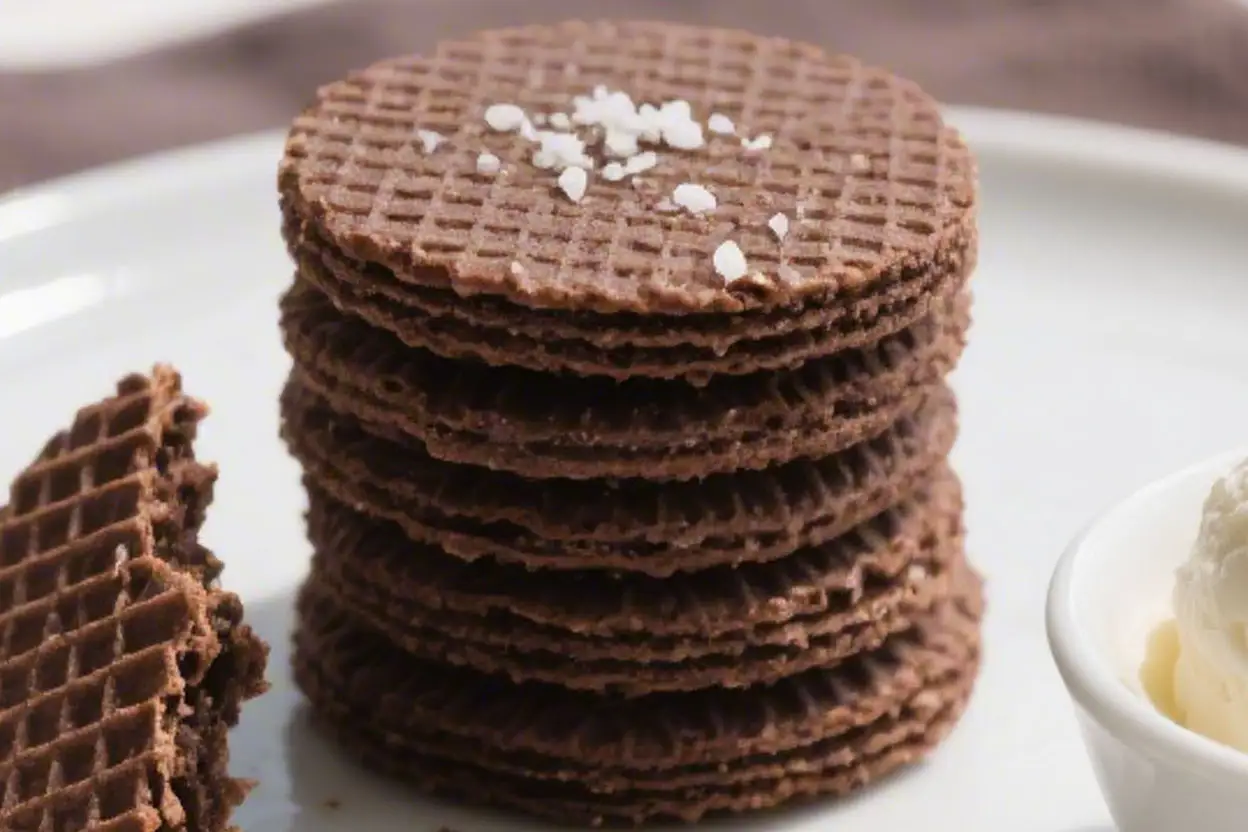 Stack of thin chocolate wafer cookies with a crisp waffle pattern on a white plate.