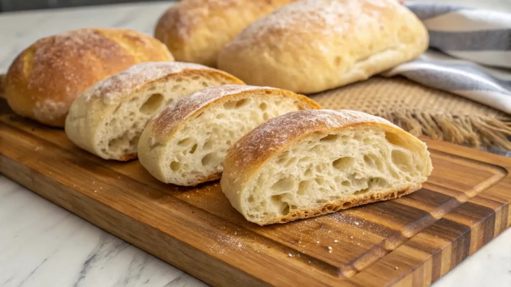 Freshly baked ciabatta rolls on a wooden cutting board, with sliced pieces showing an airy open crumb and lightly floured crust.