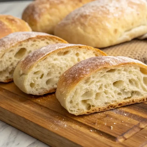 Freshly baked ciabatta rolls on a wooden cutting board, with sliced pieces showing an airy open crumb and lightly floured crust.