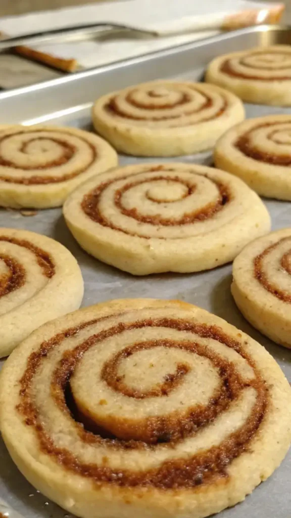 Easy Cinnamon Sugar Swirl Cookies Bakery Style Treat - Soft, Buttery, and Irresistible 2 Cinnamon swirl cookies arranged on a parchment lined baking sheet, showing spiral layers of cinnamon sugar in soft, golden cookie dough.
