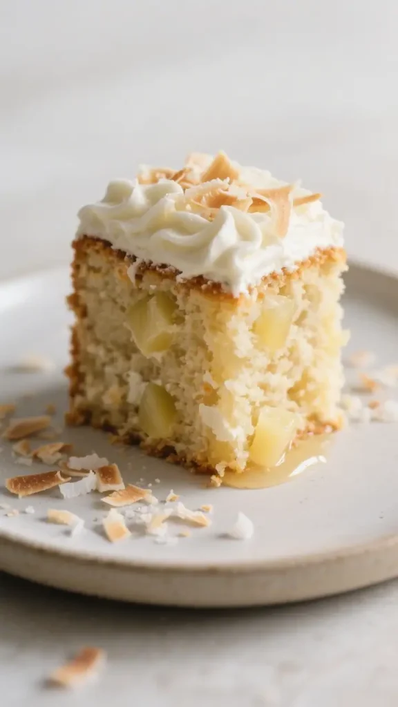 Best Coconut Pineapple Cake Easy Summer Cake Recipe - Light, Lush, and Sunshine-Ready 2 Moist coconut pineapple cake slice topped with whipped frosting and toasted coconut flakes