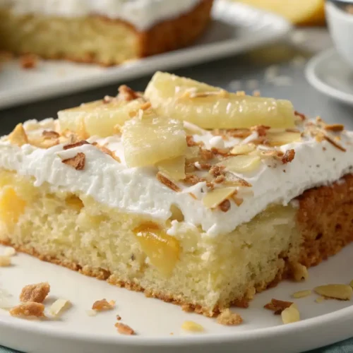 Best Coconut Pineapple Cake Easy Summer Cake Recipe - Light, Lush, and Sunshine-Ready 3 Slice of pineapple coconut cake topped with whipped cream, pineapple chunks, and toasted coconut flakes on a white plate.