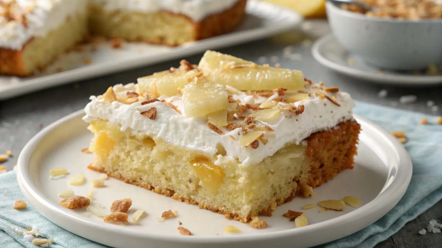 Best Coconut Pineapple Cake Easy Summer Cake Recipe - Light, Lush, and Sunshine-Ready 1 Slice of pineapple coconut cake topped with whipped cream, pineapple chunks, and toasted coconut flakes on a white plate.