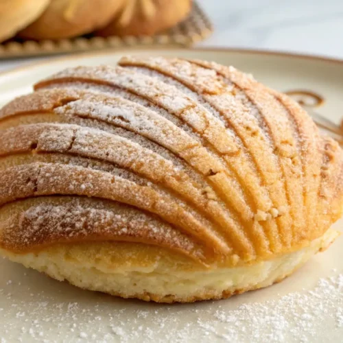 Mexican concha sweet bread with golden crust and sugar topping on plate