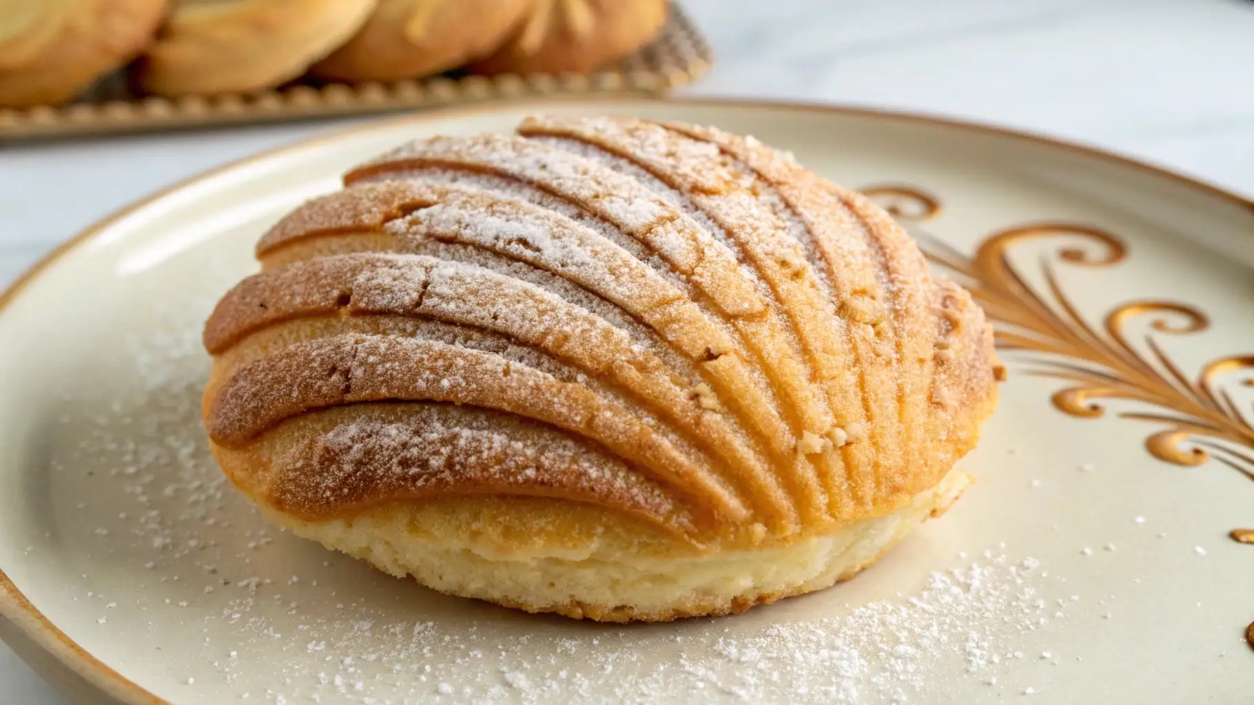 Mexican concha sweet bread with golden crust and sugar topping on plate