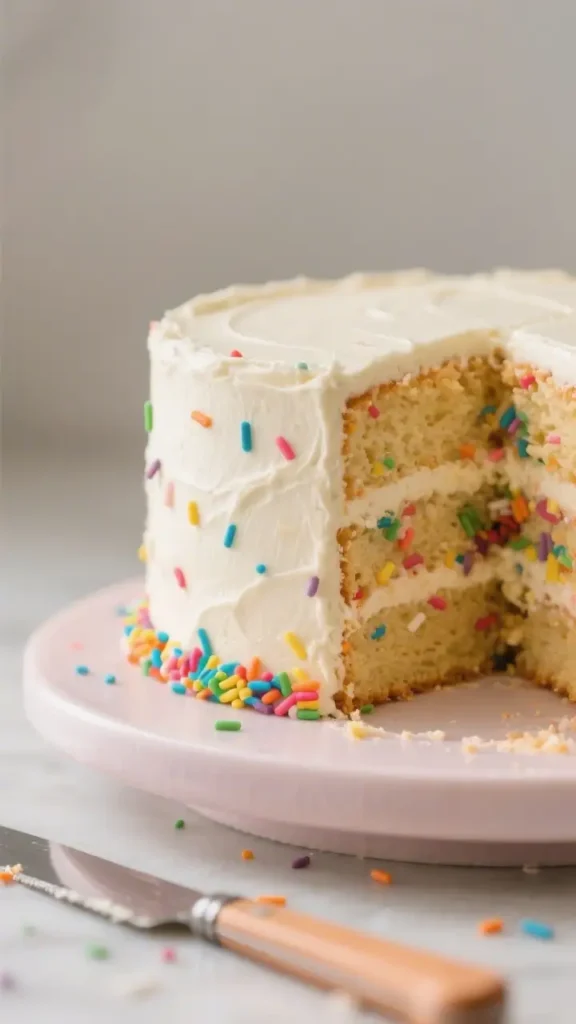 Confetti layer cake with vanilla buttercream frosting and rainbow sprinkles, with a slice removed to show sprinkle-filled layers.