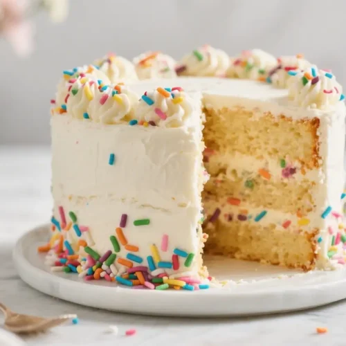 Slice of confetti layer cake with vanilla buttercream frosting and colorful sprinkles on a white plate.
