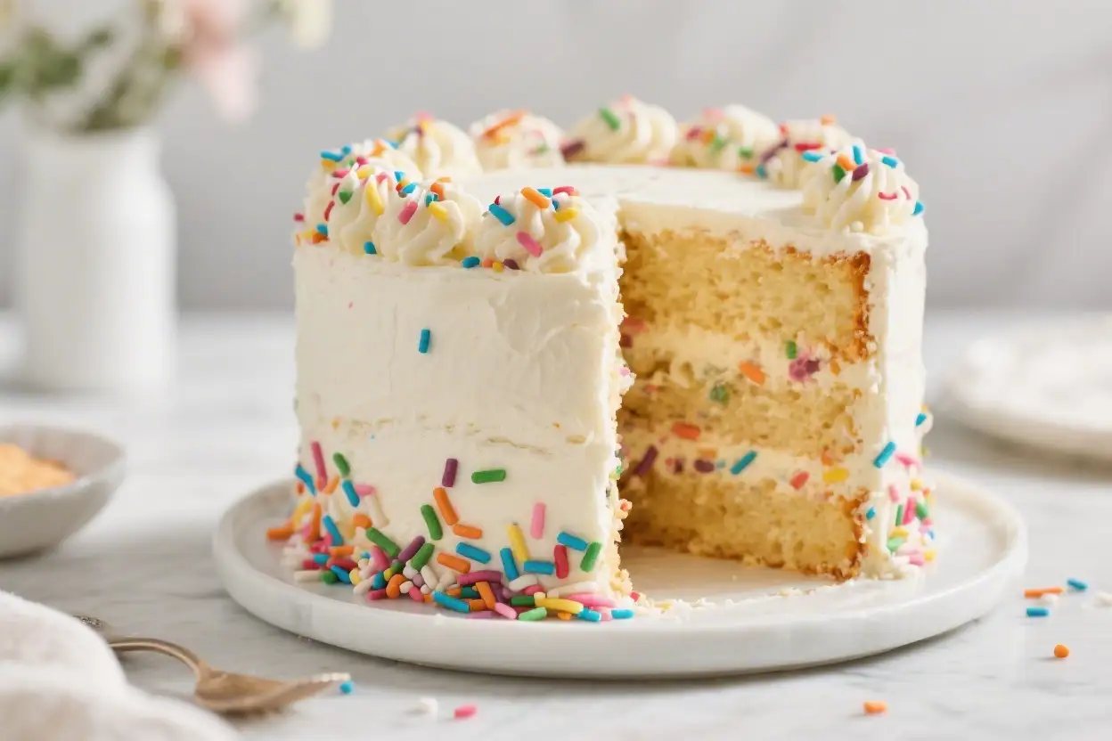 Slice of confetti layer cake with vanilla buttercream frosting and colorful sprinkles on a white plate.