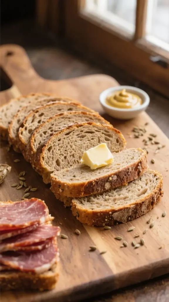 Sliced homemade deli rye bread with butter on a wooden board and caraway seeds