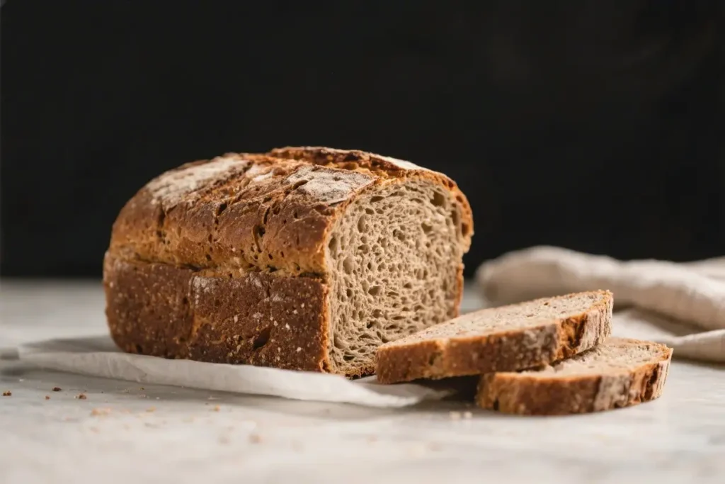 Homemade deli rye bread loaf with rustic crust and sliced pieces on parchment