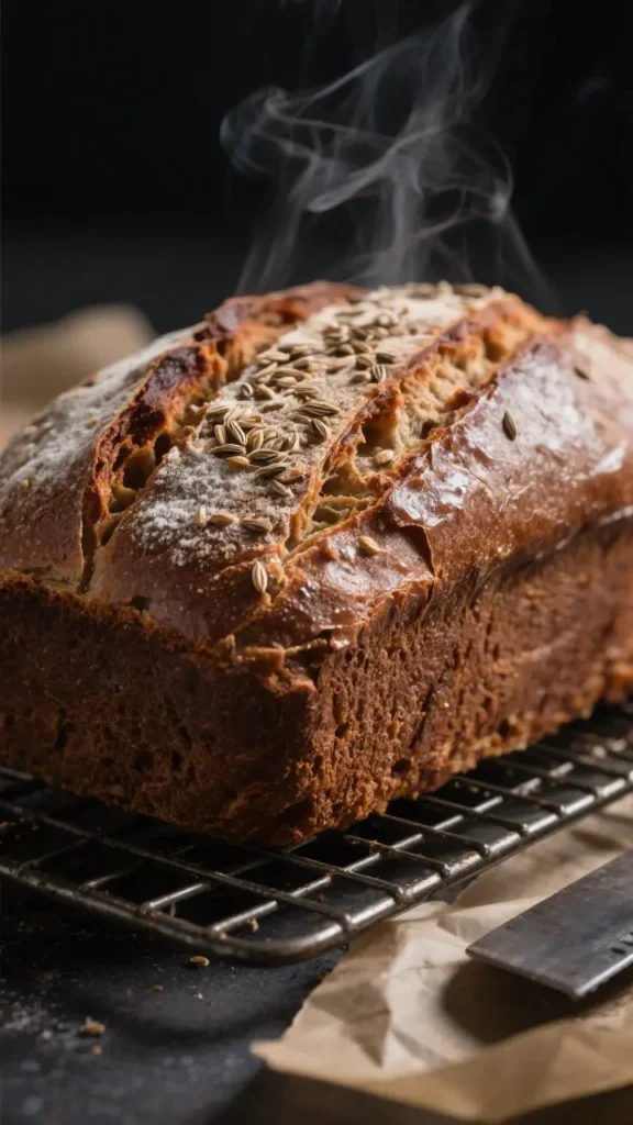 Fresh baked deli rye bread loaf with caraway seeds cooling on a wire rack