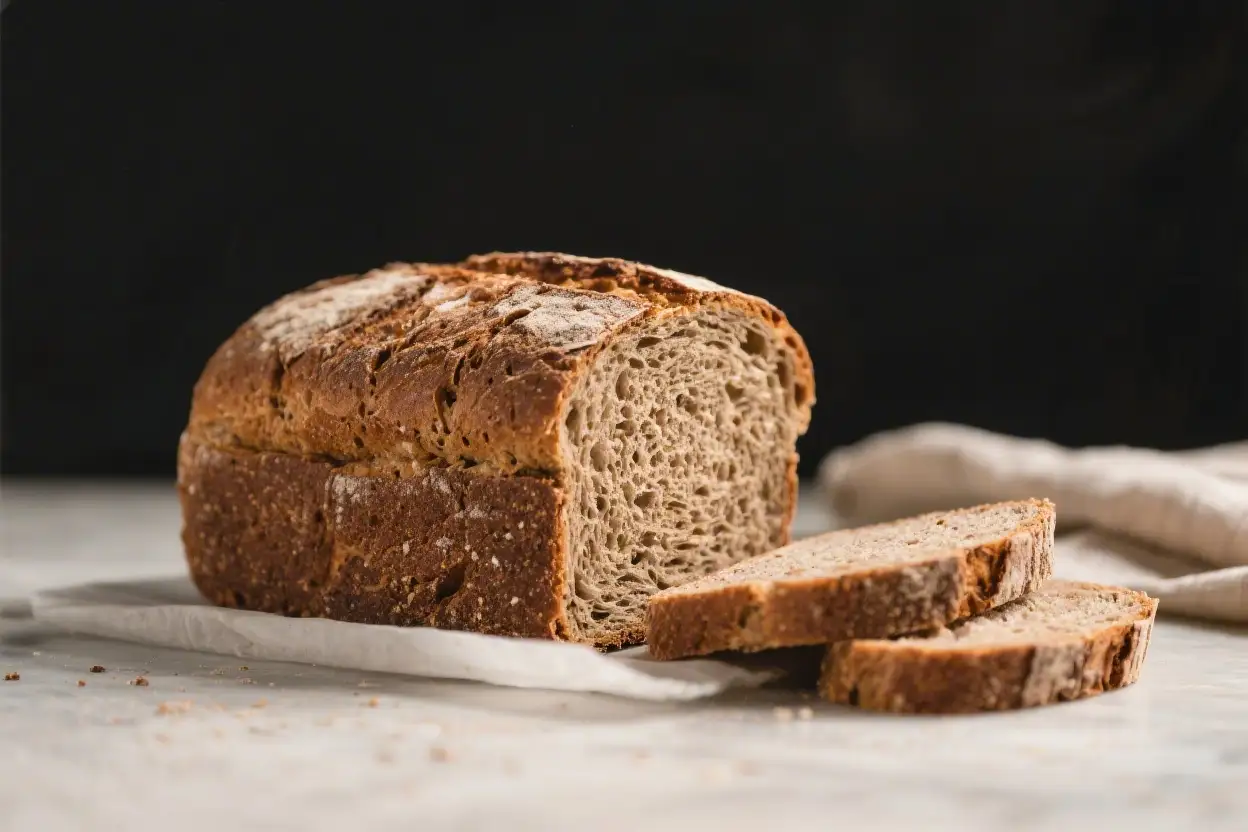 Homemade deli rye bread loaf with rustic crust and sliced pieces on parchment