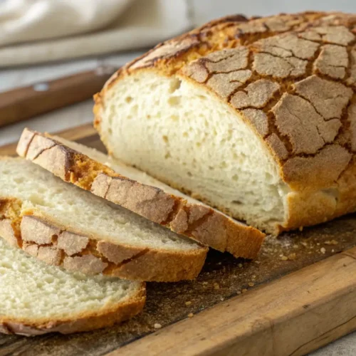 Dutch Crunch Bread Bakery Style Crispy Sandwich Loaf - Crackly Top, Soft Center 2 A rustic, cracked-crust loaf of bread, partially sliced, sits on a wooden cutting board with a bread knife and cloth in the background.