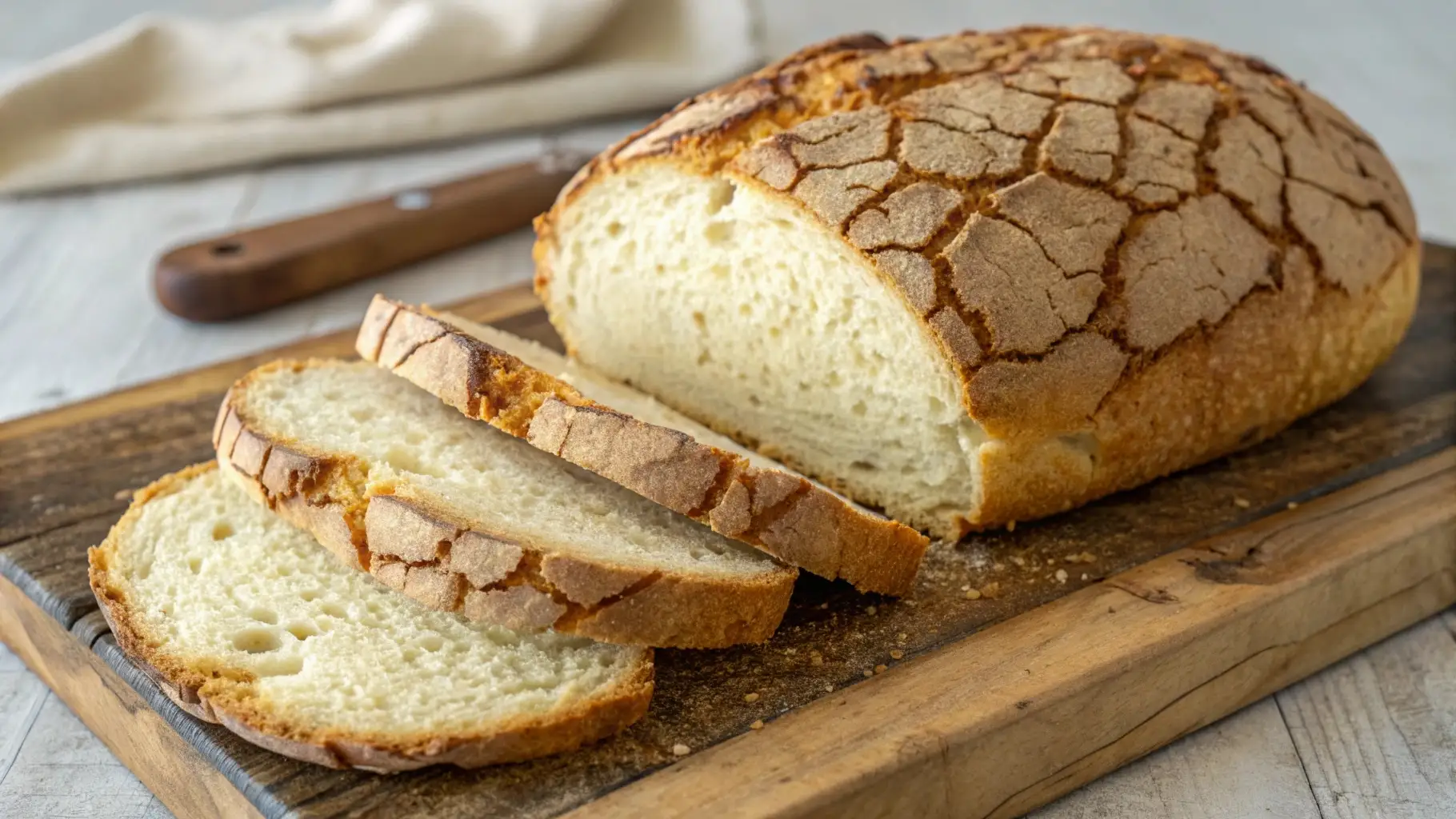 Dutch Crunch Bread Bakery Style Crispy Sandwich Loaf - Crackly Top, Soft Center 1 A rustic, cracked-crust loaf of bread, partially sliced, sits on a wooden cutting board with a bread knife and cloth in the background.