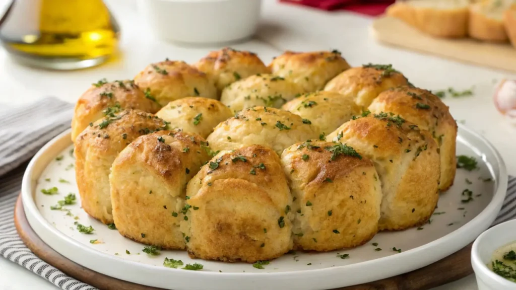 Golden garlic monkey bread pull-apart rolls topped with chopped herbs on a white serving plate.