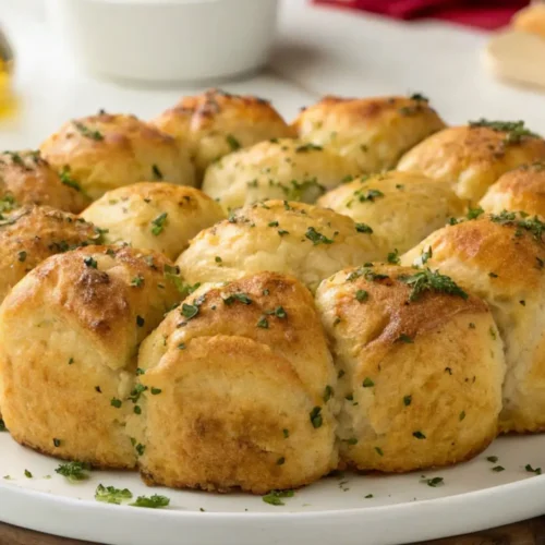 Golden garlic monkey bread pull-apart rolls topped with chopped herbs on a white serving plate.